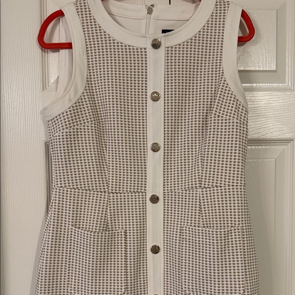 White and Beige Sleeveless Button-Down Dress